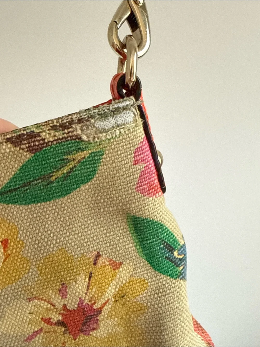 Floral Canvas Crossbody Bag with Orange Leather Trim